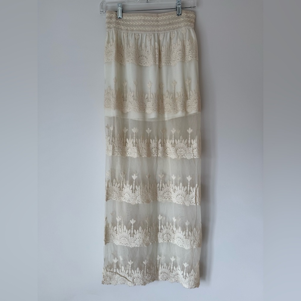 Elegant Cream Lace Maxi Skirt With Mini Slip Attached
